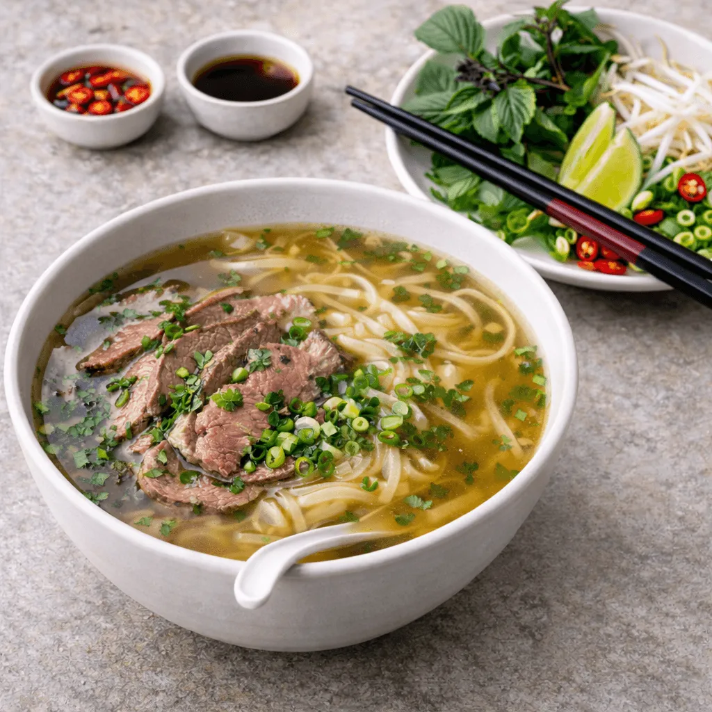 A steaming bowl of beef phở with rice noodles, fresh herbs, lime, and chili at Thien Vietnam in Thornhill